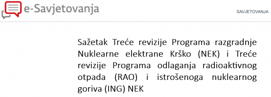 Screenshot of a Croatian government website showing a document titled "Sažetak Treće revizije Programa razgradnje Nuklearne elektrane Krško (NEK) i Treće revizije Programa odlaganja radioaktivnog otpada (RAO) i istrošenoga nuklearnog goriva (ING) NEK".