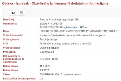 Screenshot javne obavijesti pod nazivom "Objava - Ispravak - Obavijest o izmjenama ili dodatnim informacijama" na hrvatskom jeziku. Detaljno navodi informacije o nabavi, uključujući identifikacijski broj, ugovorno tijelo, opis usluge i rokove.