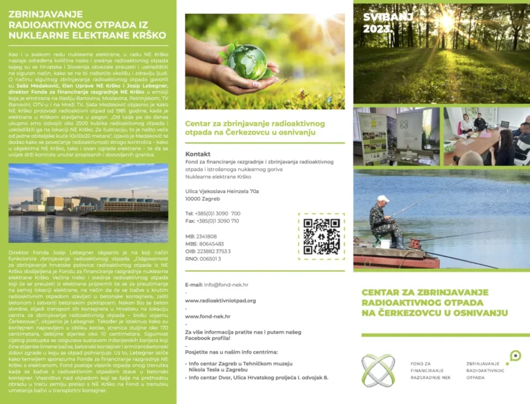 Ovo je informativni pamflet na slovačkom jeziku o gospodarenju radioaktivnim otpadom iz Nuklearne elektrane Krško. Uključuje fotografije zelenih polja, osobu koja drži globus, sobu za sastanke i bitne podatke za kontakt centra za gospodarenje otpadom.