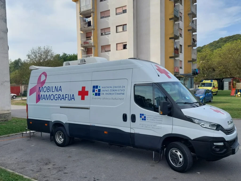 Bijeli mobilni mamografski kombi parkiran je ispred višekatnice. Na kombiju su ružičaste vrpce za svijest o raku dojke i logotipi crvenog križa te tekst na hrvatskom jeziku koji označava da je namijenjen uslugama mobilne mamografije. Drveće i trava okružuju područje.