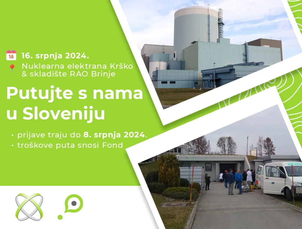 Oglas za putovanje u Sloveniju 16. kolovoza 2024. u posjet Nuklearnoj elektrani Krško i objektu RAO Brinje. Upis traje do 8. kolovoza 2024., troškove pokriva Fond. Slika sadrži fotografije objekta i ljudi koji se ukrcavaju u autobus. Tekst je na hrvatskom jeziku.