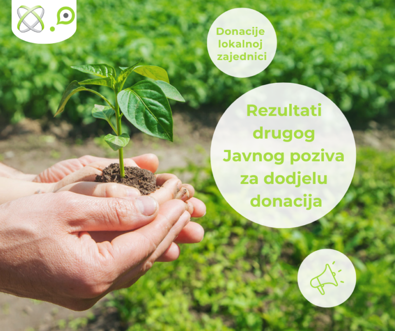 Ruke drže malu biljku sa zemljom ispred zelene vegetacije. Tekst na srpskom jeziku glasi "Rezultati drugog Javnog poziva za dodjelu donacija", što ukazuje na rezultate donacija za lokalnu zajednicu. Dodatna grafika uključuje zvučnik i simbol donacije.